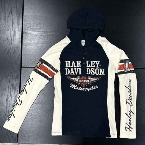 Harley-Davidson Women's Long Sleeve Hooded Iconic Henley Tee - S - Picture 2 of 9